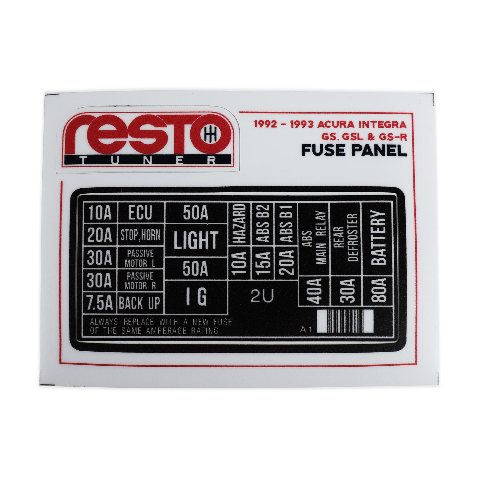 RestoTuner 1990-93 Integra Engine Fuse Replacement Decal 92-93 GS, GSL, GSR RST-DCL-01-18