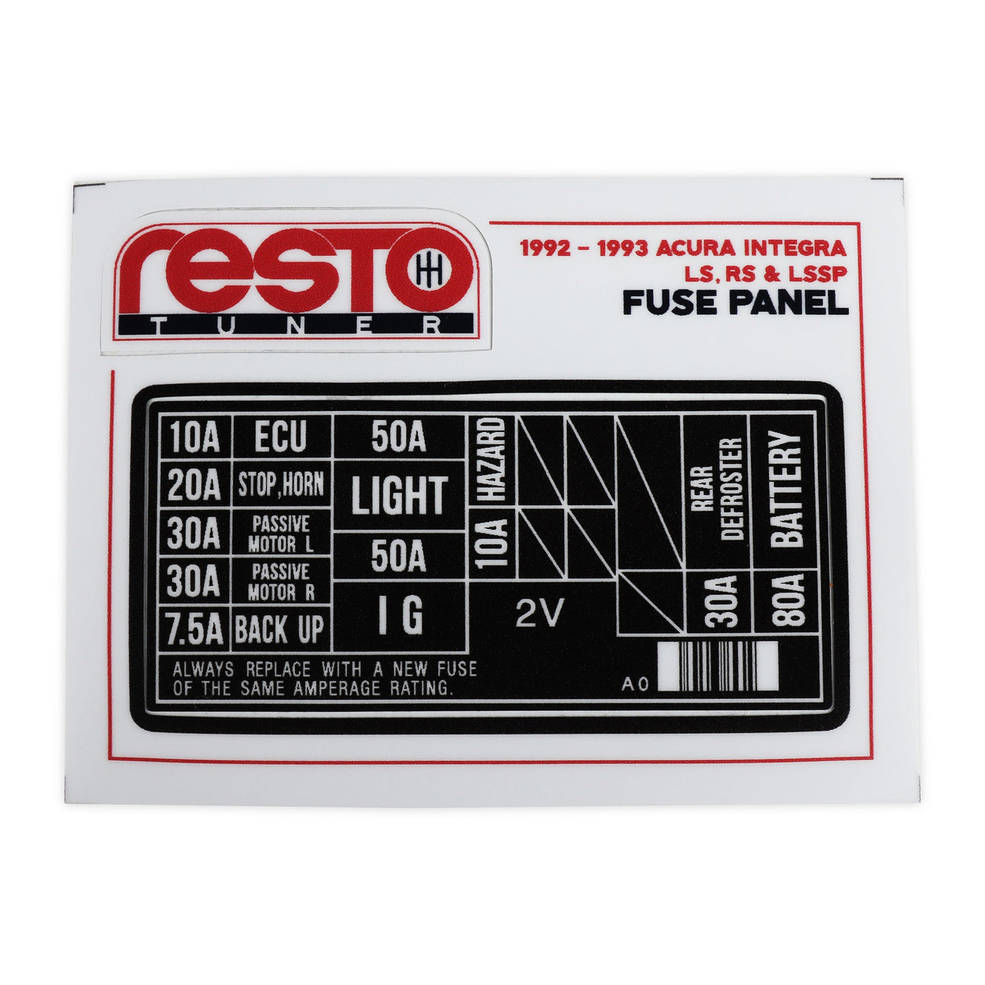 RestoTuner 1990-93 Integra Engine Fuse Replacement Decal 92-93 LS, GS, LSSP RST-DCL-01-19